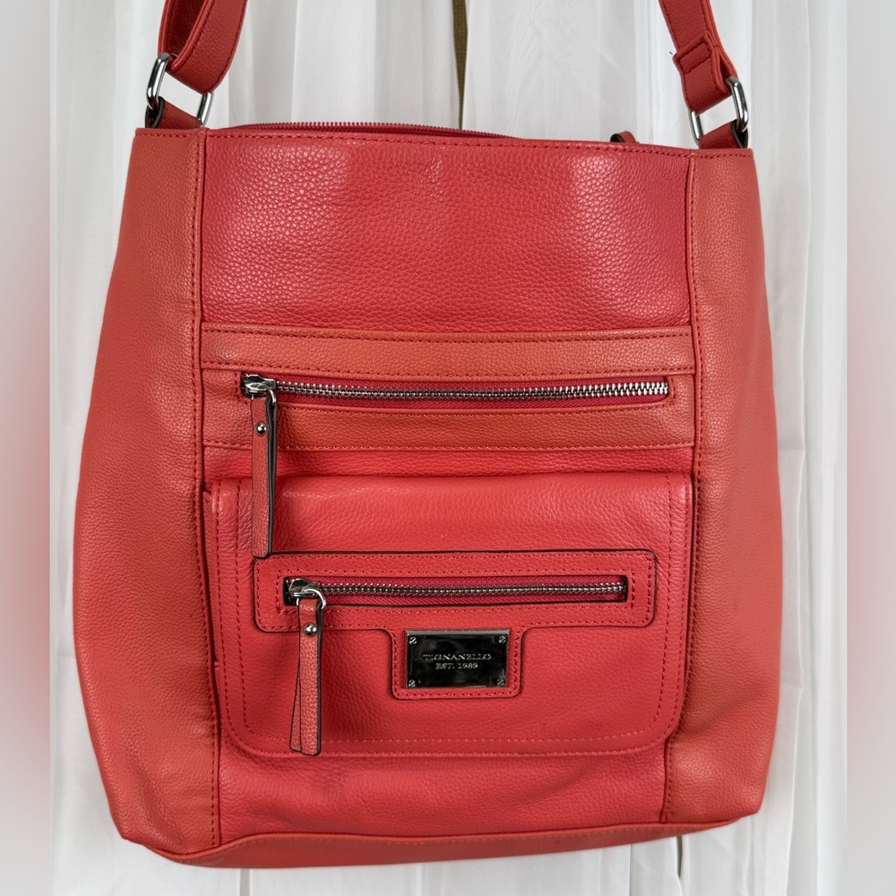 Tignanello Leather Shoulder Bag Salmon Pink Multi Pocket Zip Purse